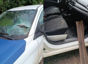 Peça de metal atravessa para-brisa de carro oficial e prefeitura fala em milagre na PR-323