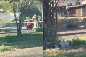 Colagem de fotos do local onde homem foi encontrado morto na avenida da Estação, em Umuarama.