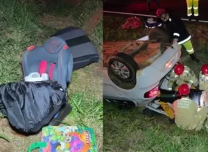 Cadeirinha e veículo envolvido em acidente na BR-376.