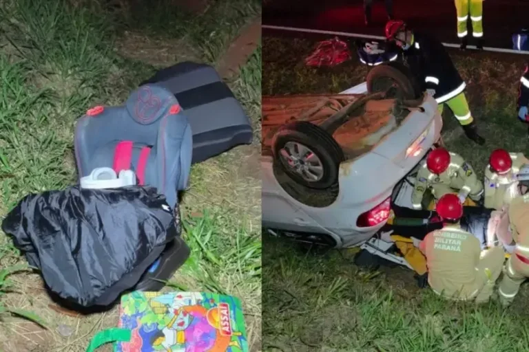 Cadeirinha e veículo envolvido em acidente na BR-376.