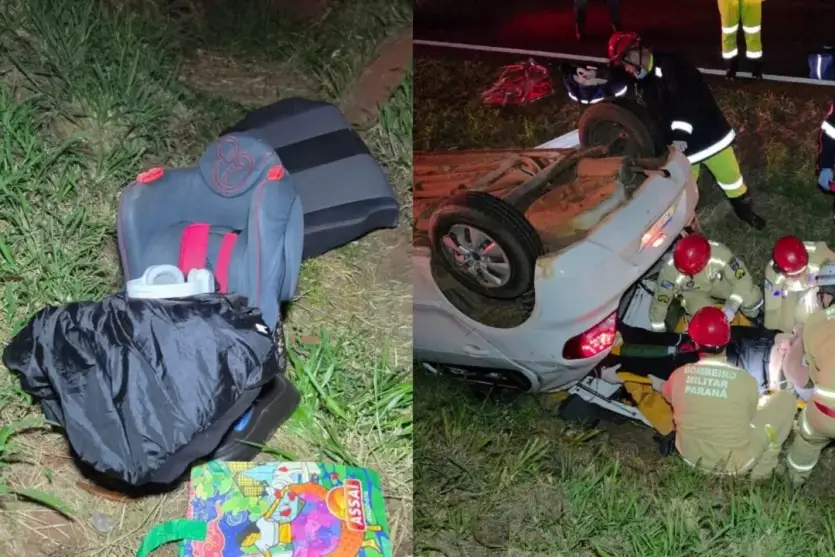 Cadeirinha e veículo envolvido em acidente na BR-376.