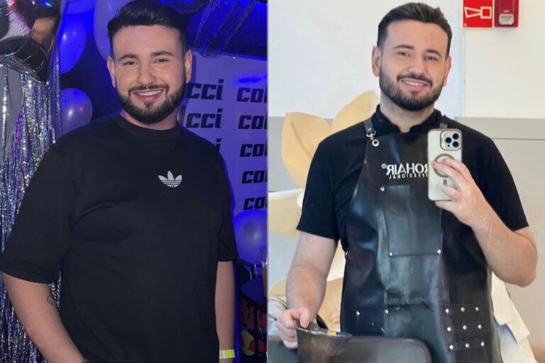 Duas fotos, uma ao lado da outra, do cabeleireiro Mateus Veiga. Na primeira, ele está de camiseta preta, com logo da Adidas, em uma festa. Na segunda, com o celular na mão esquerda, tomando uma selfie diante do espelho.