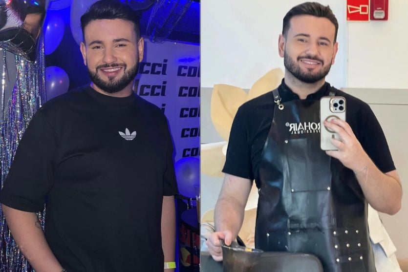 Duas fotos, uma ao lado da outra, do cabeleireiro Mateus Veiga. Na primeira, ele está de camiseta preta, com logo da Adidas, em uma festa. Na segunda, com o celular na mão esquerda, tomando uma selfie diante do espelho.
