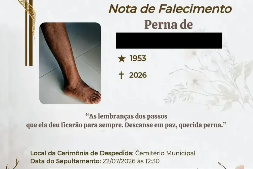 Perna amputada de idoso ganha nota de falecimento e cerimônia de despedida