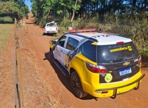Viatura da PRE próxima de caminhonete que bateu em árvore na PR-317.