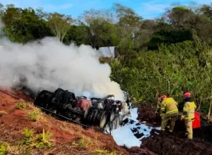 Caminhoneiro morre carbonizado após veículo tombar na rodovia BR-487, em Icaraíma