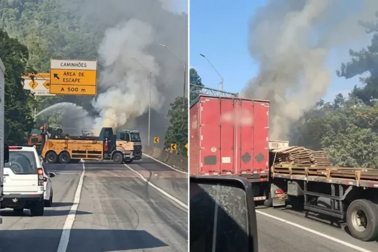 Engavetamento de três carretas provoca princípio de incêndio na BR-376, no Paraná
