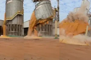 Imagens do silo de milho desabando no Paraná.
