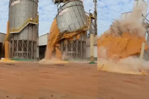 Imagens do silo de milho desabando no Paraná.