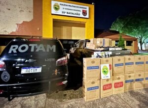 Rotam apreende carga de cigarros e pistola durante patrulhamento em Brasilândia do Sul