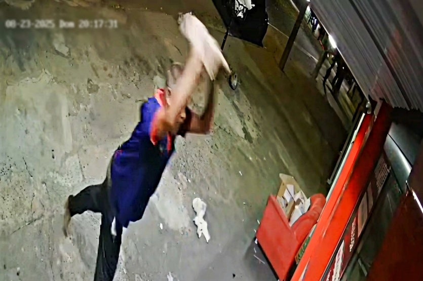 Vídeo mostra homem usando pedra para tentar estourar porta e furtar empresa em Umuarama