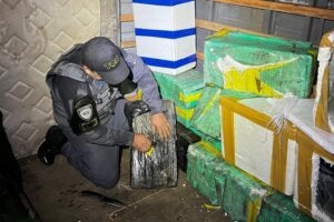 Policial apreendendo droga em SP após colaboração com BPFron de Umuarama.