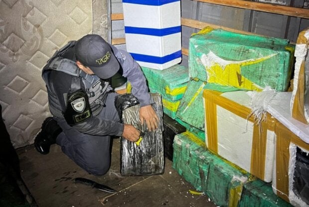 Policial apreendendo droga em SP após colaboração com BPFron de Umuarama.