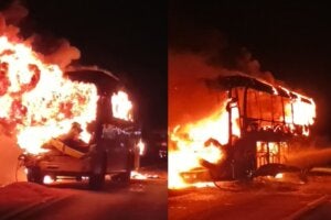 Ônibus de Umuarama que pegou fogo na BR-376 em Ortigueira.