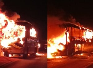 Ônibus de Umuarama que pegou fogo na BR-376 em Ortigueira.