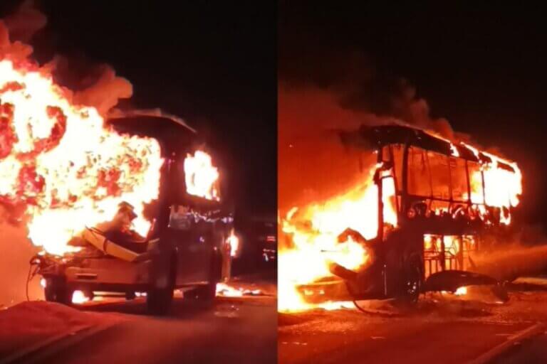Ônibus de Umuarama que pegou fogo na BR-376 em Ortigueira.