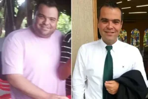O antes e depois de Rafael Paião em sua transição de obesidade mórbida para uma vida mais saudável.