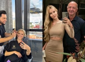 Colagem de fotos da ex-primeira dama de Araucária e uma foto com ela e seu marido idoso.