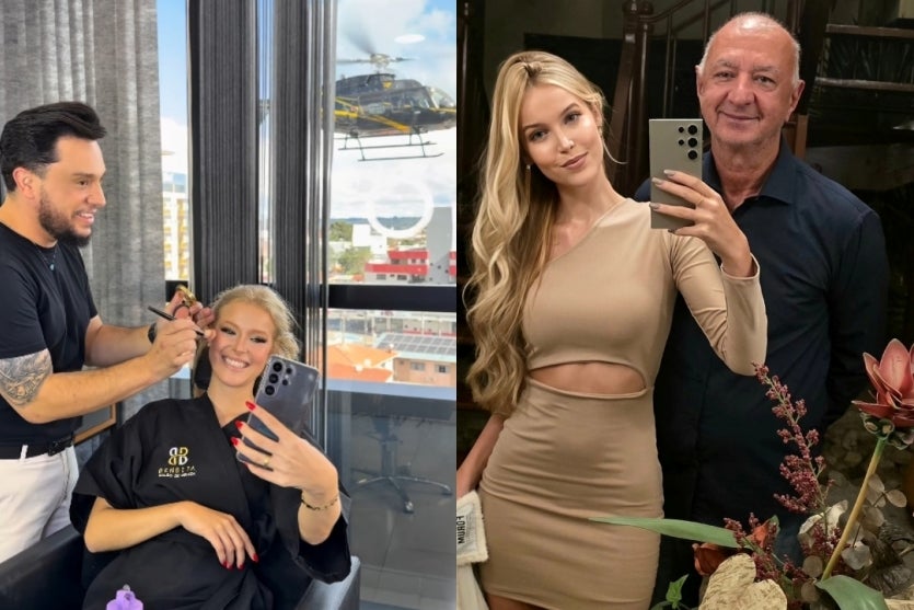 Colagem de fotos da ex-primeira dama de Araucária e uma foto com ela e seu marido idoso.
