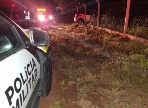 Viatura da PRE próxima a local onde bovino foi atropelado na PR-323.
