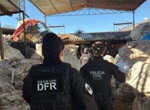 Policiais da PCPR em local de coleta de recicláveis.