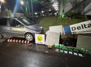 Materiais furtados recuperados pela PM ao lado de um automóvel.