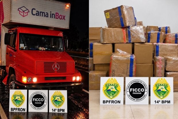 Caminhão com emblema de indústria de Umuarama é apreendido com 824 kg de maconha; vídeo
