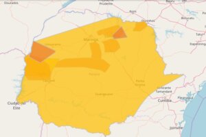 Mapa da área de alerta vigente no Paraná, pela Defesa Civil.