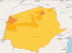 Mapa da área de alerta vigente no Paraná, pela Defesa Civil.