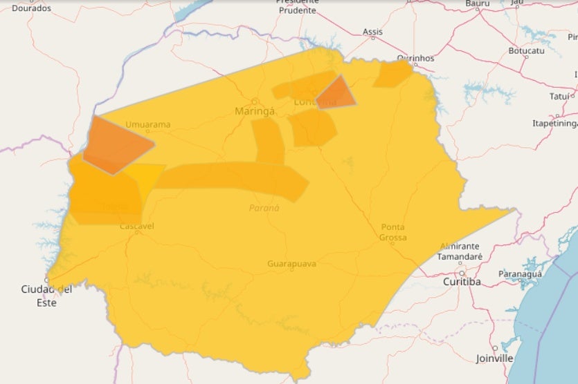 Mapa da área de alerta vigente no Paraná, pela Defesa Civil.