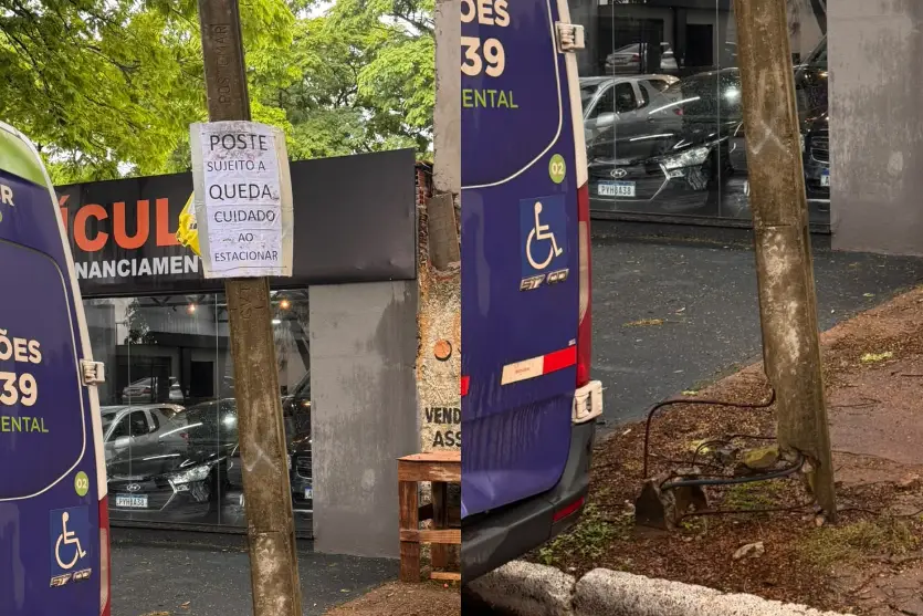Placa alerta motoristas sobre poste com risco de queda na região do Cisa e IML em Umuarama