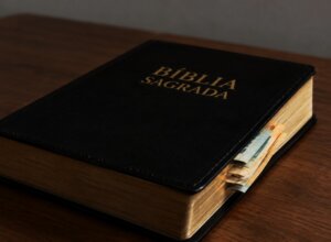 Bíblia sagrada com dinheiro escondido entre as páginas.