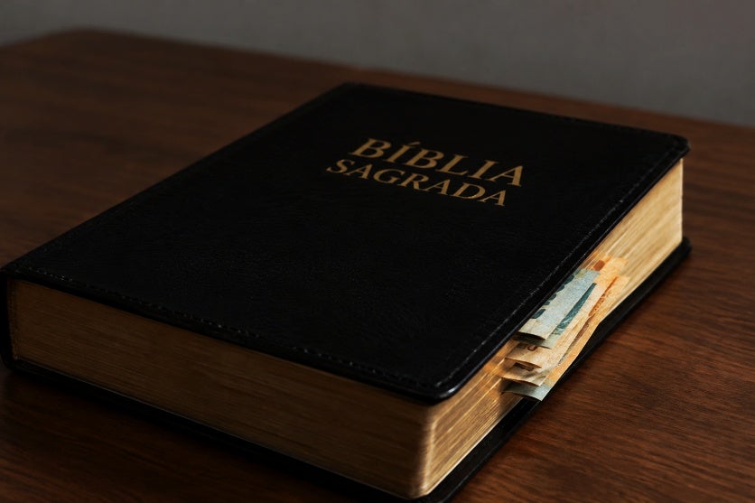 Bíblia sagrada com dinheiro escondido entre as páginas.