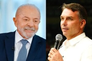 Colagem de fotos com Lula e Flávio Bolsonaro.