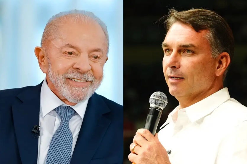 Colagem de fotos com Lula e Flávio Bolsonaro.
