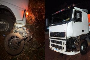 Moto e caminhão envolvidos em acidente que matou motociclista na PR-585.