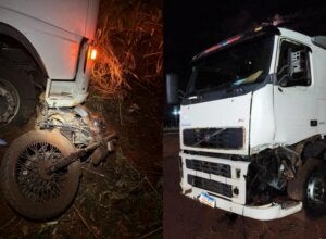 Moto e caminhão envolvidos em acidente que matou motociclista na PR-585.
