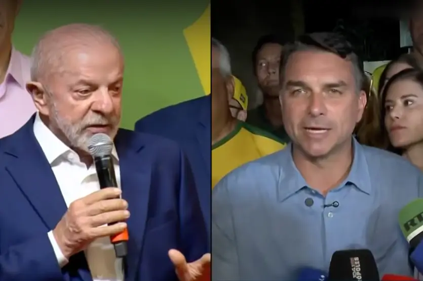 Os candidatos Lula e Flávio Bolsonaro em discursos pós primeiro turno.