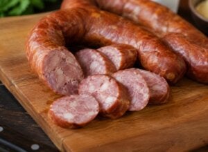 Linguiça defumada em tábua de madeira.