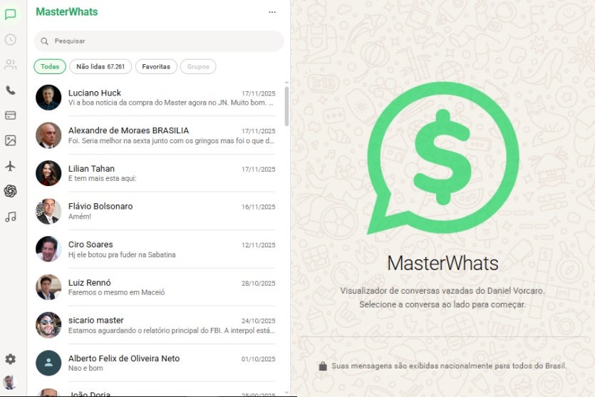 Print do MasterWhats, o site simula WhatsApp de Daniel Vorcaro e expõe mais de 66 mil mensagens