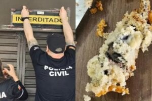 Colagem de fotos da Polícia Civil interditando confeitaria e rato morto encontrado em bolo.