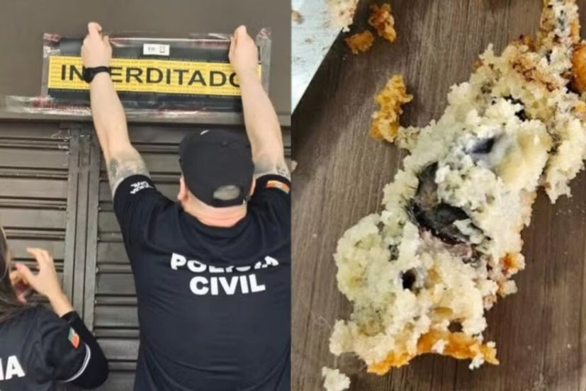 Colagem de fotos da Polícia Civil interditando confeitaria e rato morto encontrado em bolo.