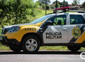 Uma viatura da Polícia Militar estacionada próxima a uma área de vegetação.