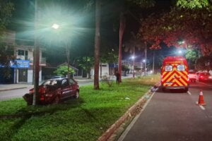 Colisão de automóvel contra árvore na avenida Apucarana.