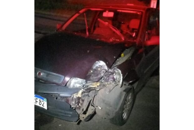 Carro com a frente danificada após colidir contra árvore.